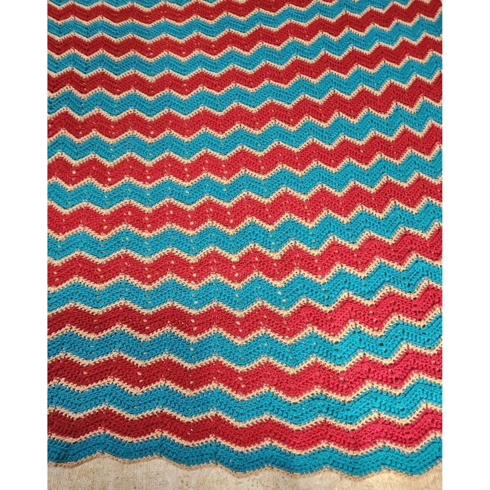 Vintage Handmade Afgan Crochet Chevron Blue Red Grandma Granny‎ Blanket 76